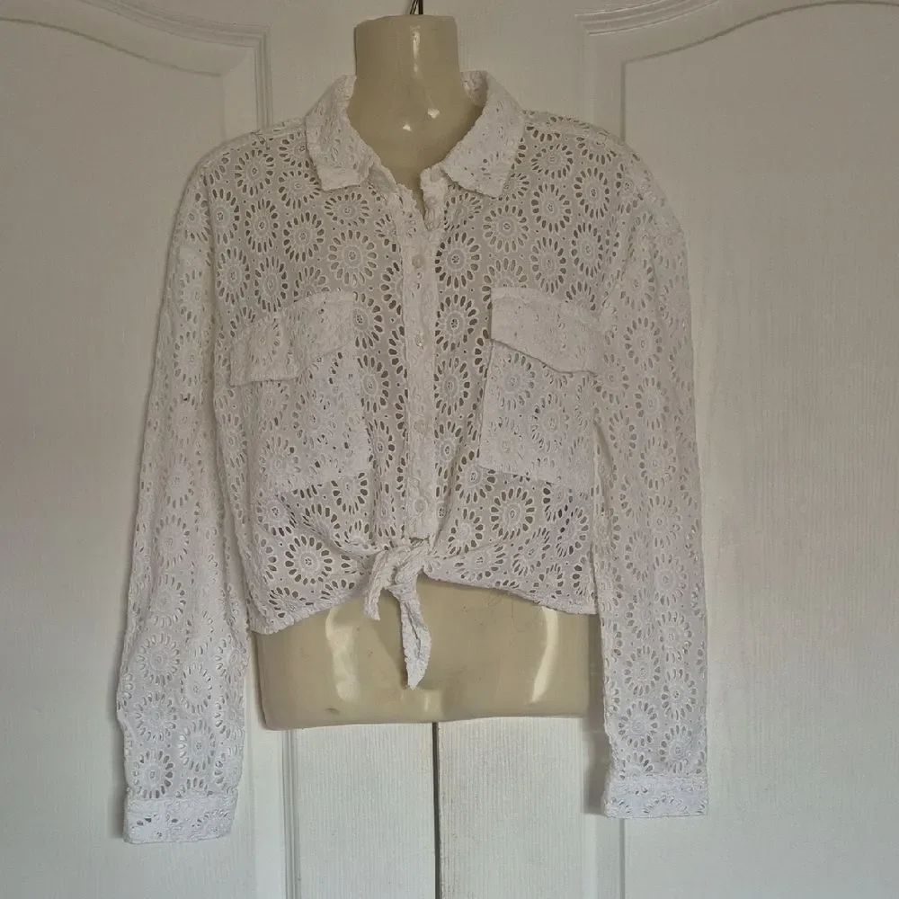 Guess White Embroidered Eyelet Button-Down Shirt - Picture 3 of 16